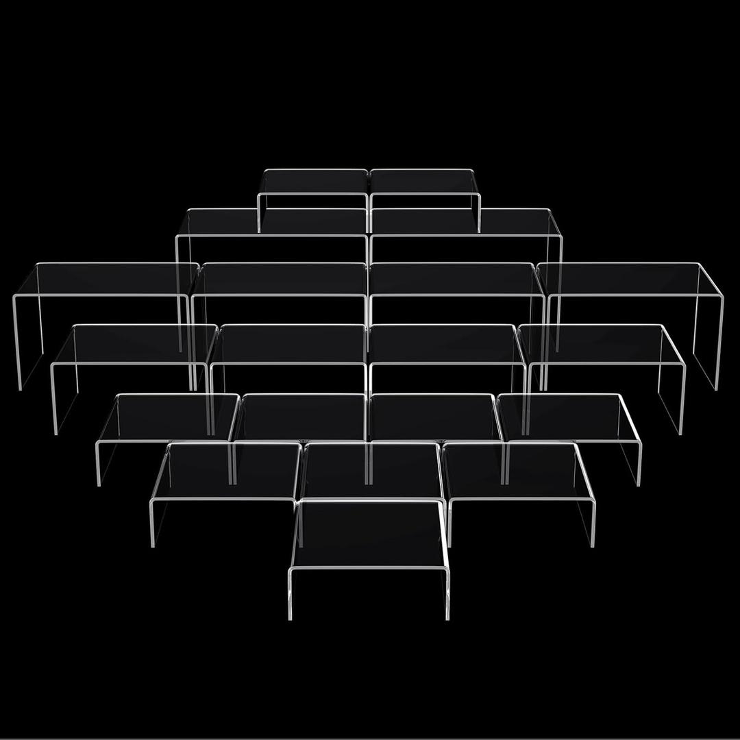 Chuangdi 20 Pcs Acrylic Display Risers, Clear Product Stand, Jewelry Display Riser Shelf Showcase Fixtures for Figure Dessert Cupcake Candy Action Showcase(Large Set)