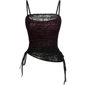 SOLY HUX Women's Ruched Lace Cami Top Drawstring Sleeveless Clubwear Sexy Gothic Tops Burgundy and Black X-Large