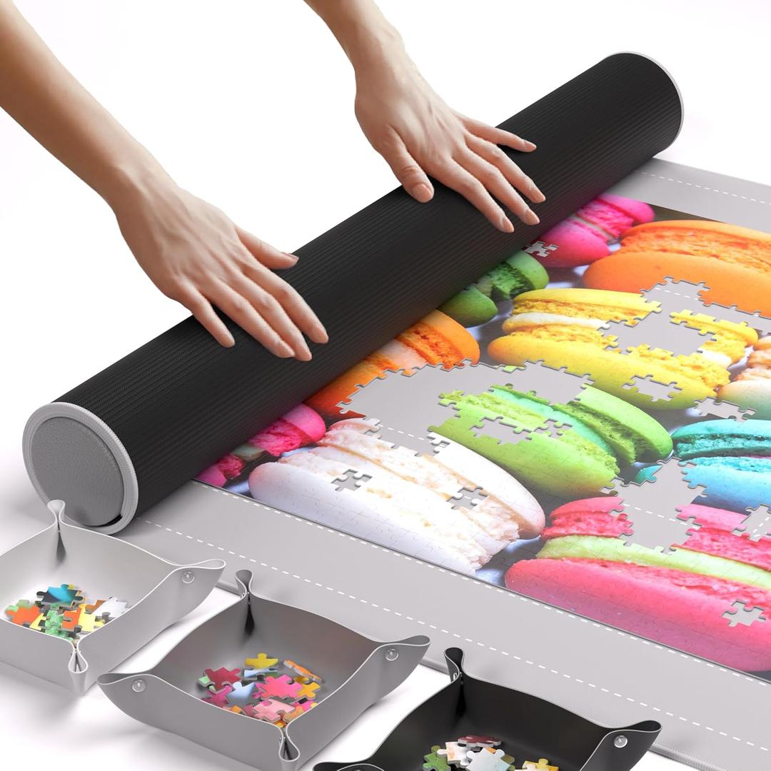 The Original Newverest Jigsaw Puzzle Mat Roll Up, Silver, 46 x 26 Portable Keeper Up to 1500 Pieces with Non-Slip Rubber Bottom & Smooth Top + 3 Puzzle Sorting Trays & Travel-Friendly Storage Bag