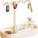 Pearl-White Metal Key Bowl Holder for Entryway & Desks, contains 4 Hooks,Tray,Wave-shaped Design Key Holder,Multipurpose Organizer for Keys,Mail, Jewelry, Trinkets,Purse.Non-Slip Table Dcor
