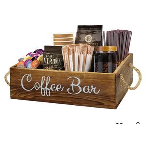 Coffee Station Organizer with Small Removable Dividers, Wooden Coffee Bar Accessories Storage For Countertop, Farmhouse Kcup Coffee Pod Holder Basket With Handle For Coffee Lover