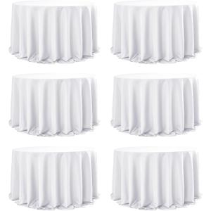6-Pack White Round Tablecloths, 132 Inches, Stain-Resistant Polyester for 6-8 Ft Round Tables - Washable Table Covers for Weddings, Banquets, Birthday Parties, Events