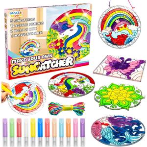 MakeBloom 5PCS Suncatcher Craft Kits for Kids with Pigments,DIY Window Art Stained Glass Painting Kit,Birthday Gift,Classroom Craft Supplies for Ages 3+(Rainbow,Dolphin,Mandala,Mermaid,Unicorn)