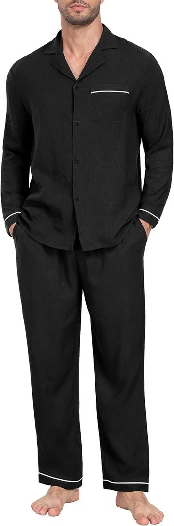PrinStory Men's Pajamas Set Sleepwear Pjs Lightweight Long Sleeve Button Down Notched Collar Pajama Comfy Sleep Sets S-2XL (Large, 1-black)