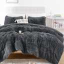 Smoofy Fluffy Queen Comforter Set, Faux Fur Comforter Set Queen Size, Luxury Fuzzy Bedding Set, Soft Shaggy Bed Set for All Season, 3 Pieces - 1 Comforter & 2 Pillowcases, Dark Grey
