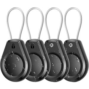 Waterproof AirTag Keychain Holder - (4 Pack) Air tag Lock Case with Wire Cable Compatible with Apple AirTags, Ultra Durable Anti-Lost Protective Case with Keyring for Luggage, Key, Backpack, Black
