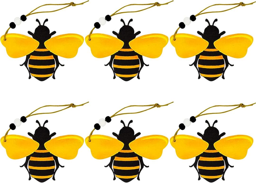 6 PCS Bee Ornaments Wooden Bumble Bees Cutouts Decorations for Tree Tree Tray Wreath Christmas Festival Bee Sign Art Crafts Home Hanging Decor
