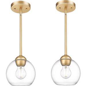 Emak Modern Gold Pendant Light Fixtures, 7 Inch Globe Pendant Lights with Clear Glass, 1 Light Hanging Lights for for Kitchen Island, Bathroom, Dining Room, Bedroom, Hallway, 2 Pack, PL119-GD-2PK