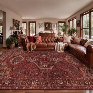 Tangsoo 10x12 Washable Area Rugs for Living Room, Red Non Slip Large Rugs | Oriental Indoor Print Carpet, Boho Soft Low Pile Foldable Vintage Floor Rug for Bedroom Dining Room Dorm Dark Red Home Decor