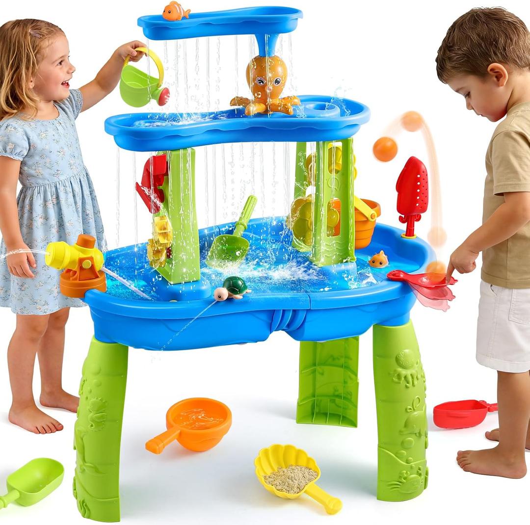 FRUSE Kids Water Table for Toddlers 3-5,3-Tier Splashing Sand Water Table Toys with Accessories,Activity Sensory Play Table for Backyard Beach Grass,Summer Outdoor Toy for Boys Girls Age 3 4 5 6 7 8 (Blue)
