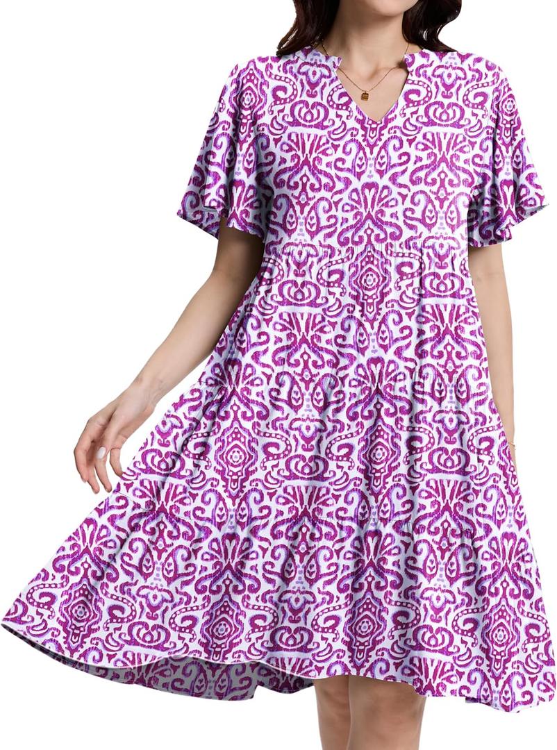 Womens Casual Tiered Swing Midi Dress Ruffle Sleeve V Neck A Line Petite Summer Dresses with Pockets (Hot-pink-floral-03, Large)