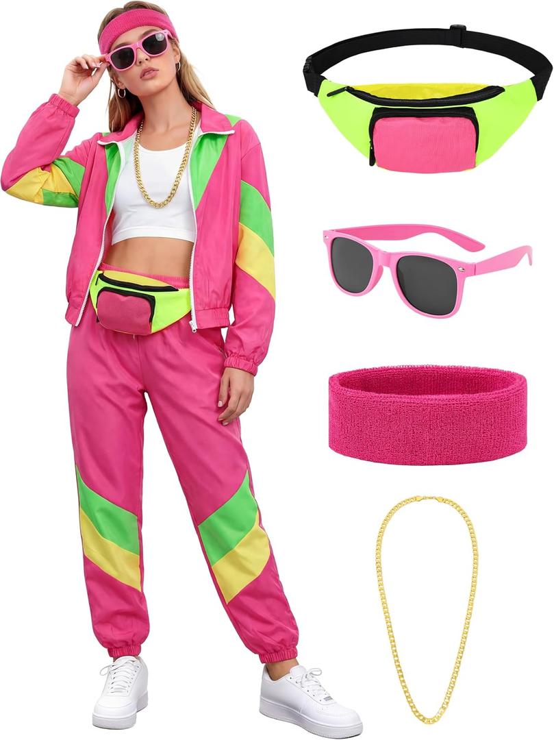 SOMSOC 7 Pieces 80s Tracksuit for Women 90s Windbreaker Sweatpants Outfit Color Block Jacket with Fanny Pack Accessories, Medium