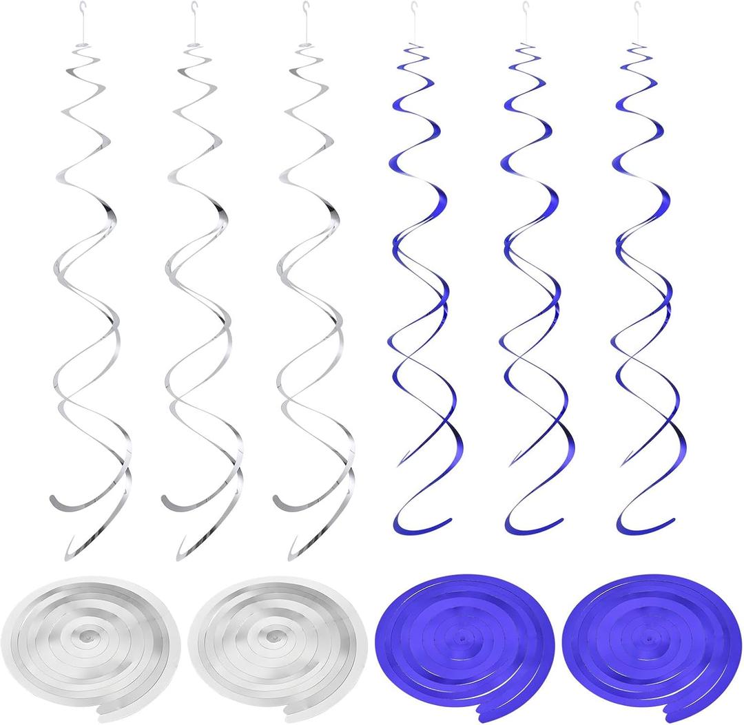 MECCANIXITY 20 Pcs Party Hanging Swirls Double Strip Streamer Ceiling Decorations Hanging Swirling with Hang Tag Hook for Birthday,Wedding,Graduation Party Supplies(Dark Blue,Silver)