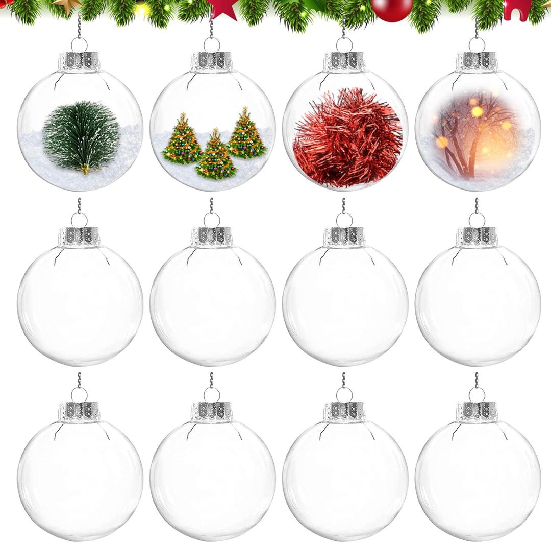 12Pcs 60mm Clear Plastic Christmas Ball Ornaments 2.36'' Round Clear Plastic Fillable Bulb DIY Craft Ornaments Shatterproof Xmas Tree Hanging Balls for Holiday, Wedding, Birthday, Christmas Wreath