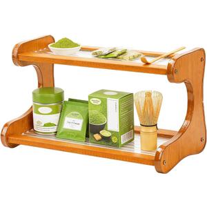 Matcha Station Shelf, 2 Tier Acrylic Matcha Stand Bar Organizer for Mugs, Syrup, Cups & Mug Holder Countertop, Wooden Shelf Condiment Storage Caddy for Kitchen, Home, Office (Brown Acrylic Base)