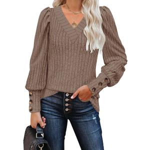 Fayenne Long Sleeve Shirts for Women Business Casual Tops V Neck Puff Sleeve Tunic Knitted Fall Outfits (Medium, Coffee)