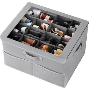 PHINOX Shoe Organizer for Closet, Fits up to 16 Pairs, Shoe Storage Bins with Clear Cover and Reinforced Handles, Foldable Shoe Storage Organizer, Space Saving Shoe Holder for Wardrobe, 1 Pack Grey