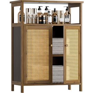 HITNET Rattan Bathroom Storage Cabinet, Bamboo Floor Cabinet with 2 Doors and Open Shelf, Freestanding Cupboard for Living Room, Entryway, Kitchen, Walnut