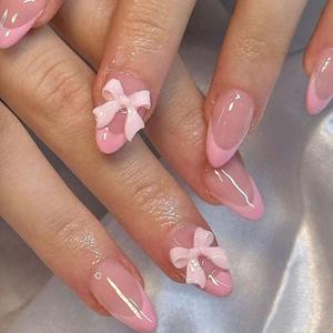 Almond Press on Nails Medium Fake Nails Pink French Tip Nails Press ons Glossy Glue on Nails Cute Acrylic Nails Daily Wear Simple False Nails with 3D Bow Designs Nude Stick on Nails for Women 24Pcs