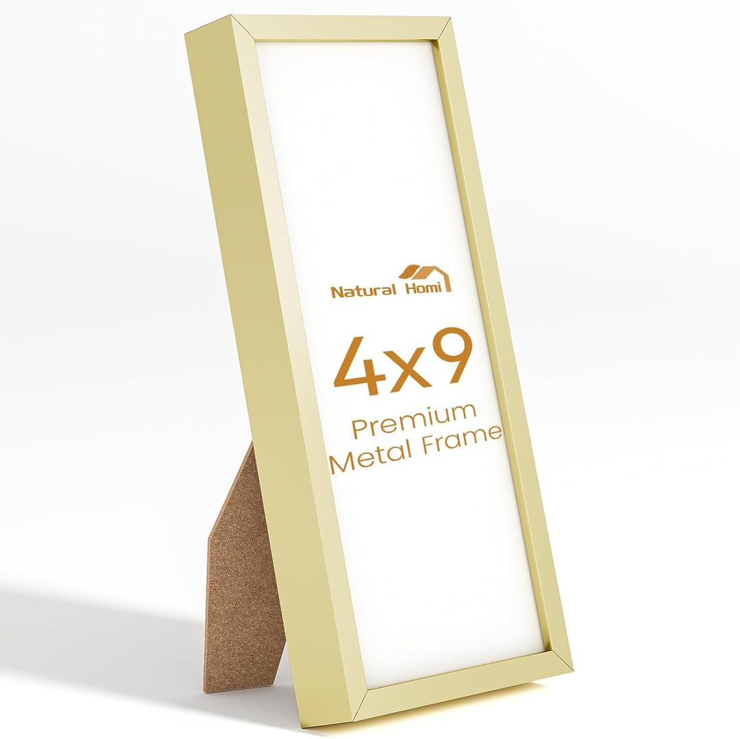 4x9 Aluminum Metal Picture Frame,Tempered Glass Gold Photo Frame 4x9 for Family Photo,Posters,Art,Document to Wall Mount Horizontally or Vertically