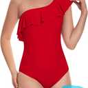 Beautikini Period Swimwear One Piece Menstrual Leakproof Swimsuit One Shoulder Ruffle Bathing Suits for Girls Teens (Medium, Hot Red)