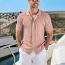COOFANDY Men's Knit Short Sleeve Shirts Button Down Summer Polo Shirt (Pink, L)