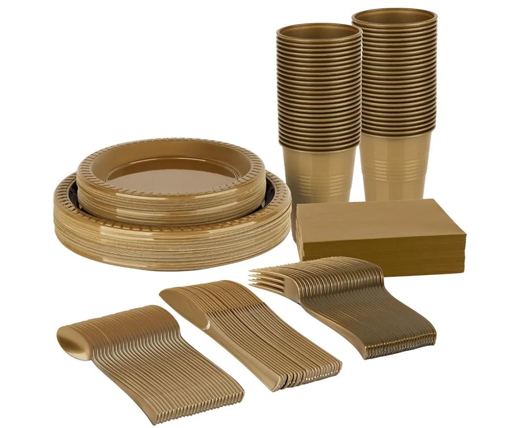 Grandipity 350 Piece Gold Disposable Dinnerware Set, Includes 50 of Each: 9" Dinner Plates, 7" Dessert Plates, 12oz Cups, Paper Napkins, Forks, Knives & Spoons