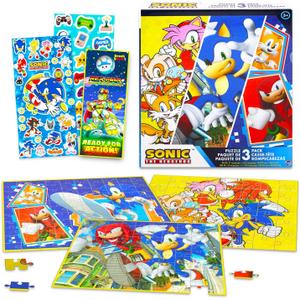 Sonic The Hedgehog Puzzle for Kids Set - Bundle with 3 Sonic Jigsaw Puzzles, Stickers, More | 1: 48 Pc and 2: 100 Pc Sonic Puzzles for Kids