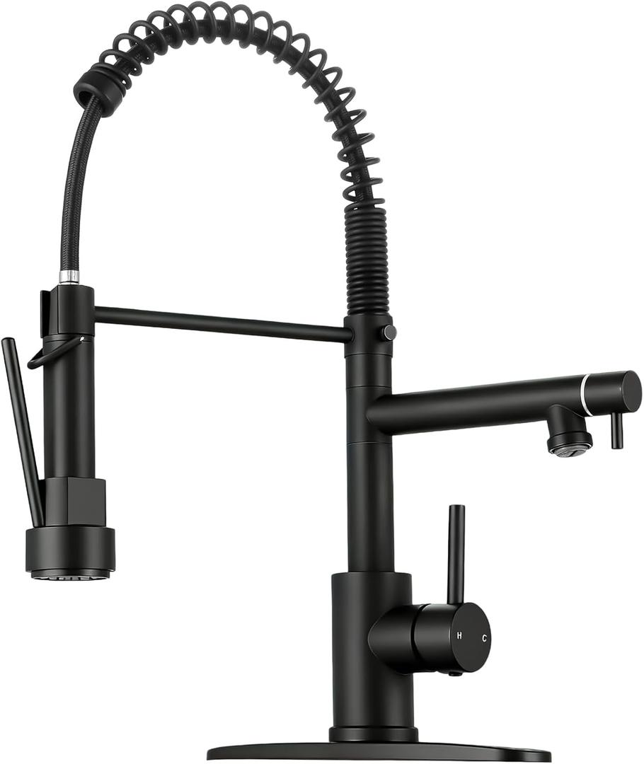 Kitchen Faucet with Pull Down Sprayer - Matte Black Single Handle Commercial Kitchen Faucets, 2-Spout Kitchen Sink Faucet, Stainless Steel Spring Pull Out Sink Faucet 1/3 Hole