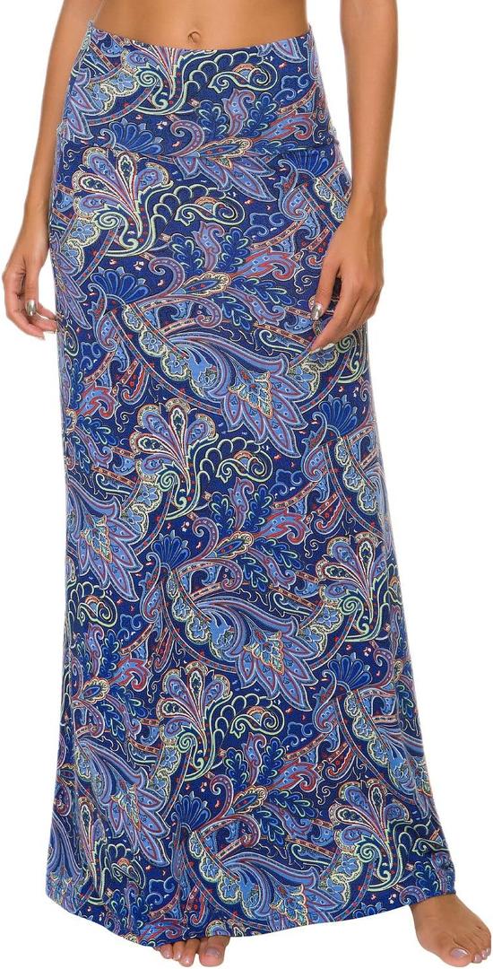 EXCHIC Women's Boho Flod Over Long Maxi Skirt Elastic High Waisted Long Skirts for Women (7, Large)