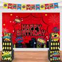 TELANA Superhero Birthday Party Decorations Set with Super Hero Backdrop Photography, Skyscraper City Boxes Spider Theme for Kids - Boys Girls Heroes Banner for Photoshoot Decor, Favor and Supplies