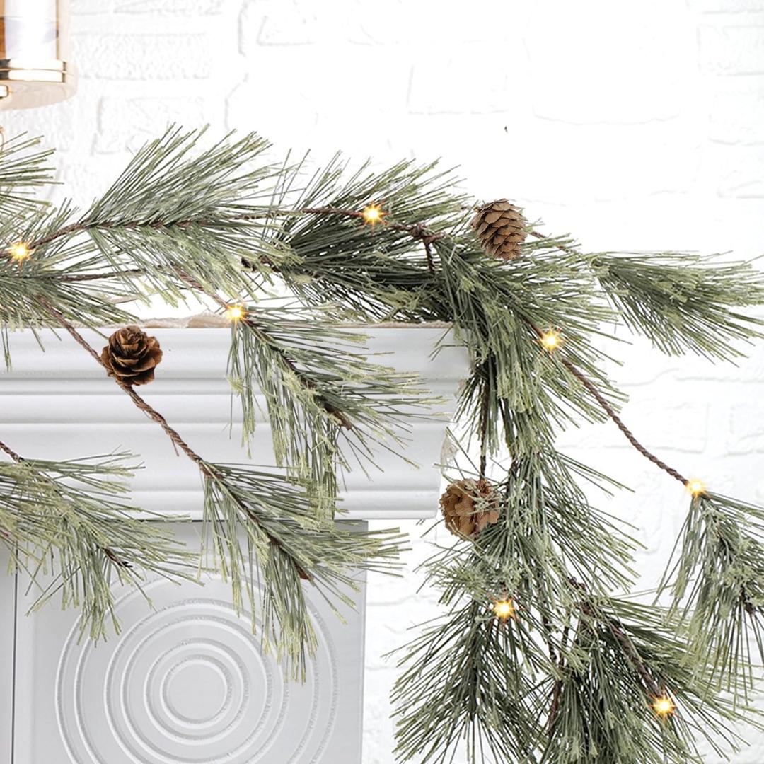 6.4FT Rustic Christmas Garland with Light, Pre-lit Outdoor with Pine Needles Cones for Fireplace Door Porch Mantel Centerpiece Xmas Decoration, Green (Dense Pine Needle)