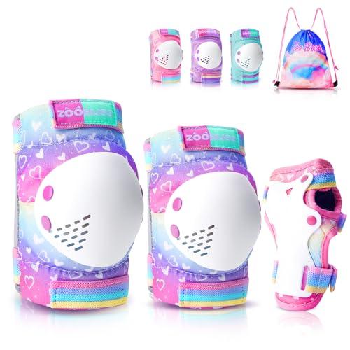 Knee Pads for Kids - ZOOBLISS Toddler Knee and Elbow Pads Set Wrist Guards for Skating Girls Aged 3-12, Kids Protective Gear for Roller Skates Skateboard Bike Scooter, Included Drawstring Bag(Rainbow), S