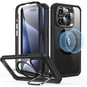 ESR for iPhone 15 Pro Case with Stand, Compatible with MagSafe, Full-Body Military-Grade Drop Proof Case with Built-in 9H+ Tempered Glass Screen Protector, Armor Series, Clear Black
