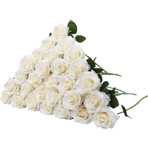 LVEFIT Artificial Rose Flower Ivory Flowers Ivory Roses White Roses Silk Flowers 30 pcs with Long Stem Silk Roses Bouquet for Wedding Bridal Shower Party Home Decoration