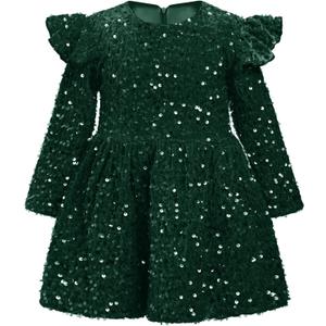 IBTOM CASTLE Baby Girl Velvet Dress Long Sleeve Sequins Ruffle Birthday Party Christmas Wedding Kids Fall Winter Clothes (Green)