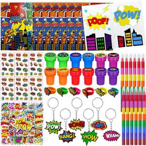 Cinrobiye 72 Pcs Hero Party Favors, Hero Coloring Books, Stickers, Tattoos, Stampers, Keychains, Rings, Rainbow Pencils, Comic Birthday Party Supplies, Goodie Bag Fillers, Prize Bulk Set