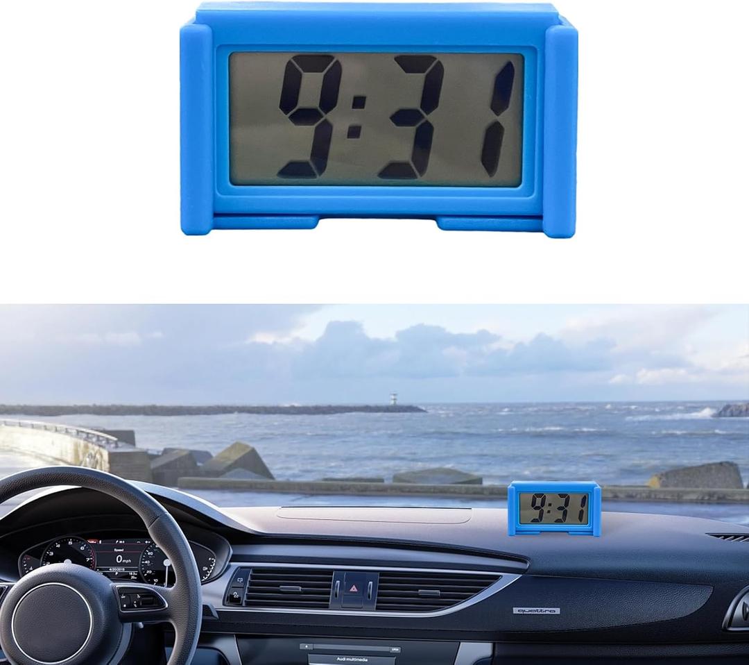 Augeny Mini Car Digital Clock, Adhesive Electronic Small Clock with Clear LCD Screen Bracket Function, Auto Digital Clock Stick On Dashboard, Universal Vehicle Clock Accessories (Blue)