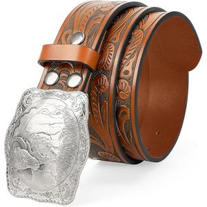 SUOSDEY Western Genuine Leather Belt with Silver Bull Embossed Buckle for Men,Cowboy Engraved Belts for Jeans,1.5" Width, 46 Inches