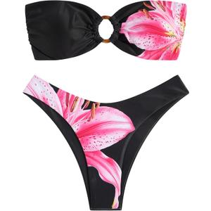 ZAFUL Women's Bandeau Bikini O Ring Strapless Tie Back High Cut Two Piece Swimsuit Bathing Suits (Size Medium, 5-black Print)