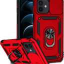 Phone Case for iPhone 12 with Camera Lens Cover HD Screen Protector,Military Grade Ring Car Mount Kickstand Hybrid Hard PC Soft TPU Shockproof Protective Red