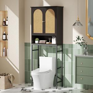 Rattan Toilet Storage Cabinet, Over The Rack Wood Cabinet with Metal Stand, Bathroom Organizer with Adjustable Shelf, Tall Freestanding Washer Shelf, Small Cupboard, Space Saver, Natural style, Black (68.9"H)