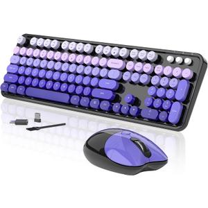 Wireless Keyboard and Mouse, 104 Round Keycaps Retro Typewriter with OTG & Brush, Full-Size Ergonomic, Ideal for Windows PC, Home, Office and College Purple Pink