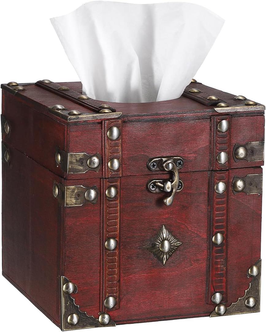 Sumnacon Tissue Box Retro Wood Square Tissue Box Cover Vintage Cube Tissue Box Holder,Decorative Tissue Holder for Bedroom Bathroom Toilet Table Desk Car Store Office Home,Red