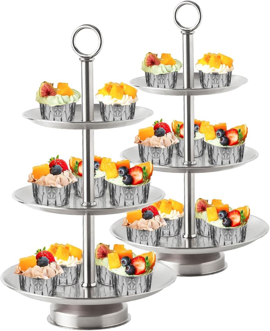 3 Tier Silver Metal Cupcake Stand Holder,Stainless Steel Cup Cake Stand Tower with Tiered Serving Tray and Base for Parties,Weddings,Birthdays and Any Festivals and Celebrations(2 Pack)