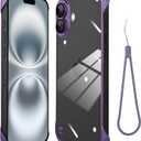 Frameless Phone case Compatible with iPhone 16 Plus Case Transparent Electroplated Purple Frameless Design with Camera Lens Protection case