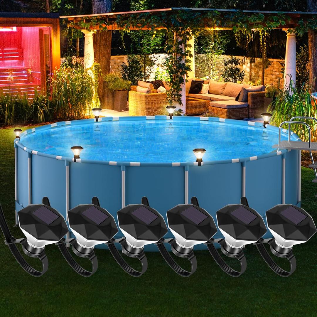 Solar Pool Lights for Framed Above Ground Pools, 6 Pack Waterproof Swimming Pool Accessories Lights, LED Energy Saving Warm Lights for Frame Swimming Pools