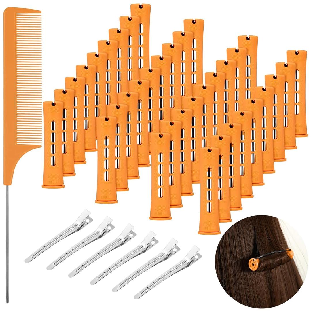 43 Pcs Hair Perm Rods Set, Large Plastic Cold Wave Rods Orange Curling Rods with Rat Tail Combs Hair Clips for Long Short Hair