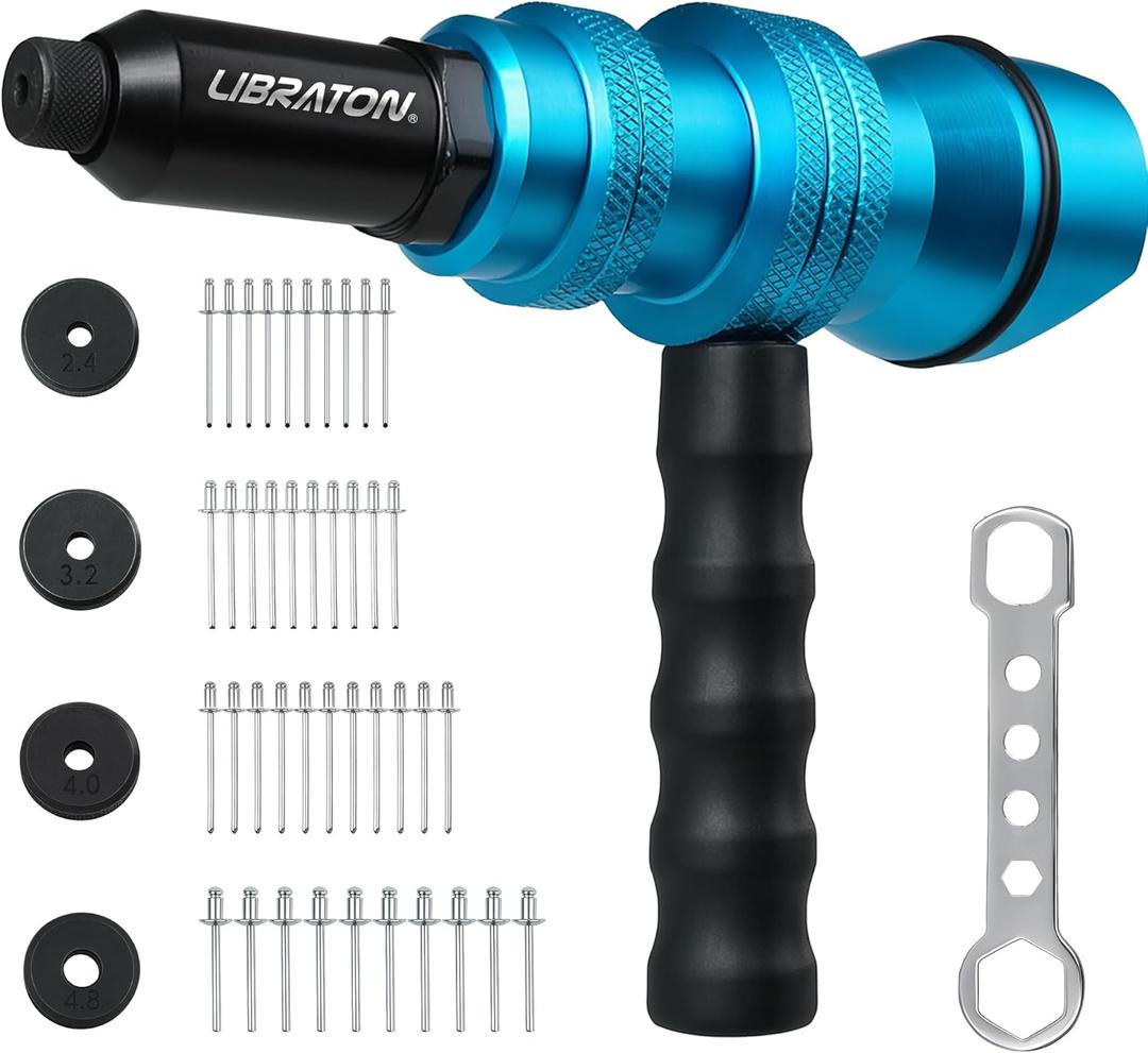 Libraton Rivet Gun Adapter, Rivet Gun Adapter for Electric Drill, Rivet Drill Attachment, for Cordless Electric Power Drill, with Handle, Easy processing for Pop Rivets, 3/32" 1/8" 5/32" 3/16"