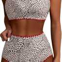 SUUKSESS Women High Waisted Bikini Set Floral Print Color Block 2 Piece Swimsuit (Large, 148 Leopard Red)